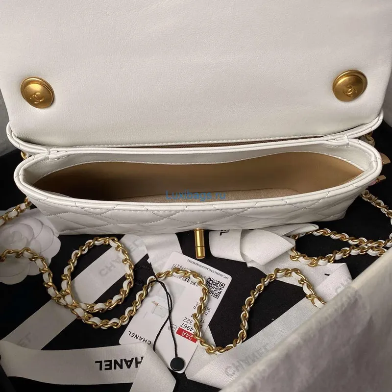 Chanel AS4967 Small Flap Bag Shiny Lambskin Enamel & Gold Tone Metal White
