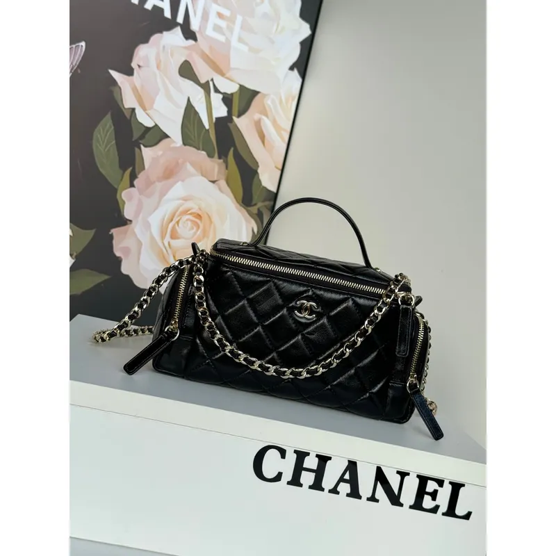 Chanel AS5222 Vanity Case Shiny Crumpled Lambskin & Gold Tone Metal Black