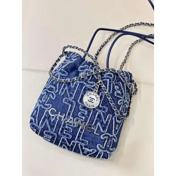 CHANEL AS3980 22 Mini Handbag Washed Denim Blue & Silver Tone Metal