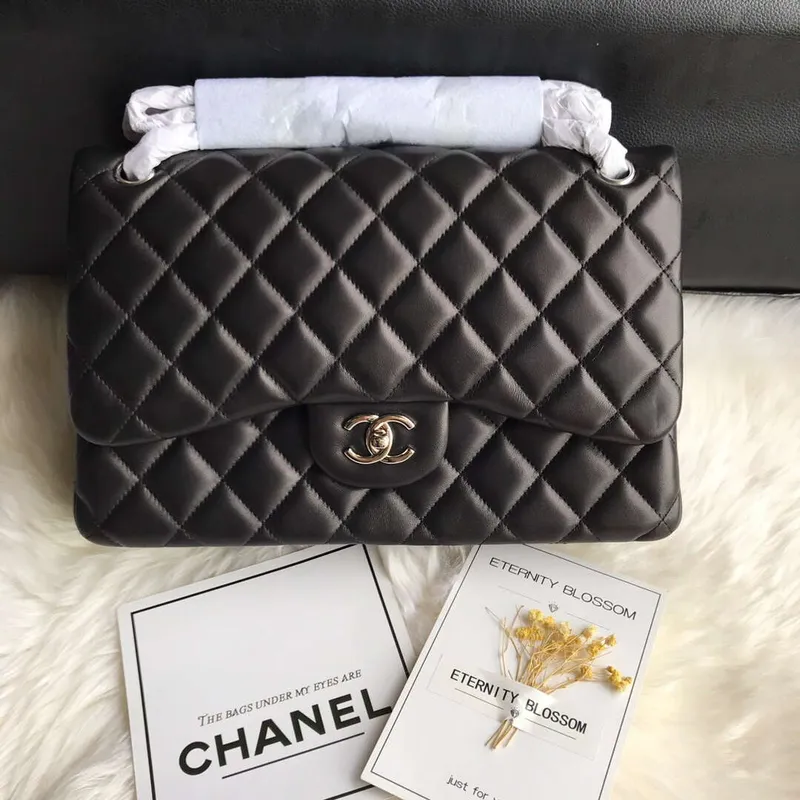 Chanel CF A01113 Jumbo Classic Flap Bag in Black Lambskin Silver