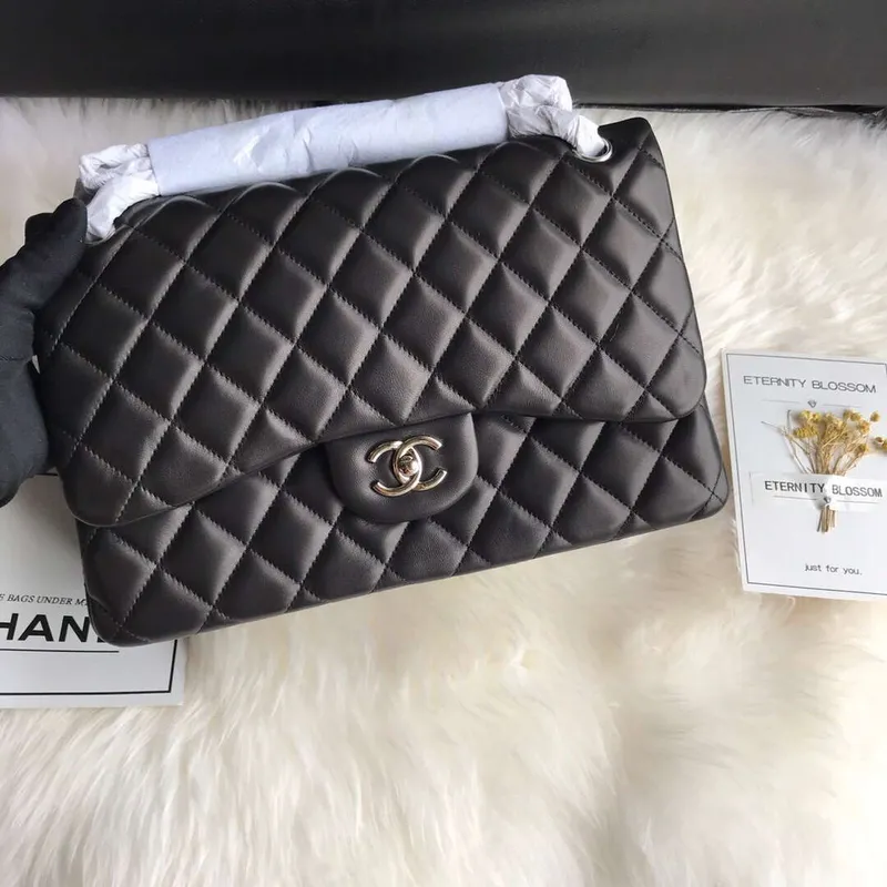 Chanel CF A01113 Jumbo Classic Flap Bag in Black Lambskin Silver