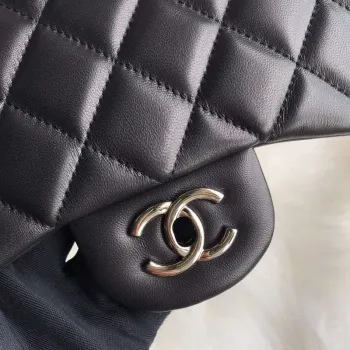 Chanel CF A01113 Jumbo Classic Flap Bag in Black Lambskin Silver