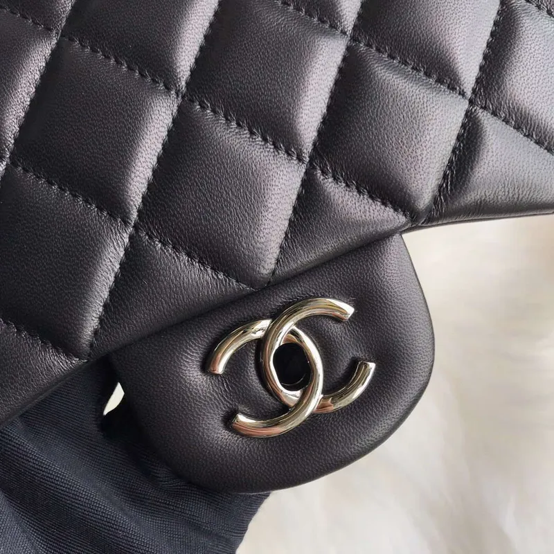 Chanel CF A01113 Jumbo Classic Flap Bag in Black Lambskin Silver