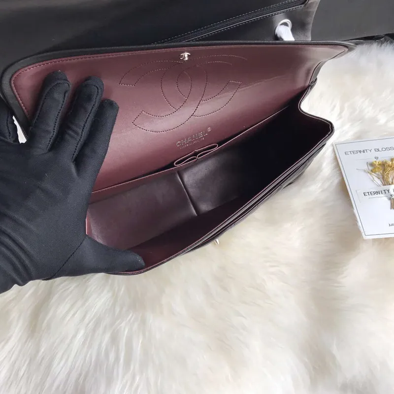 Chanel CF A01113 Jumbo Classic Flap Bag in Black Lambskin Silver