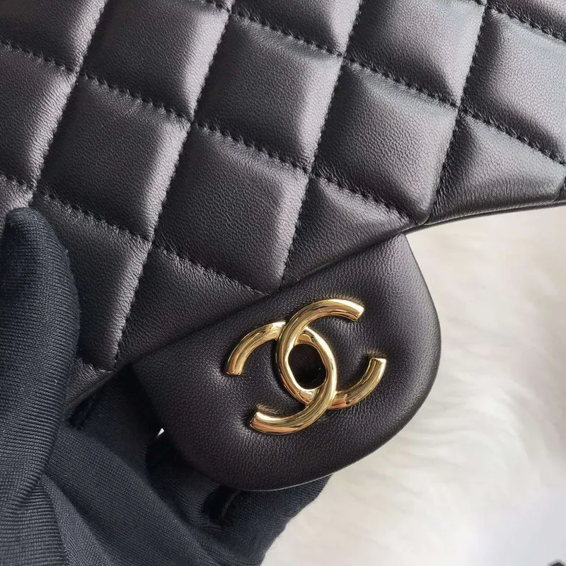 Chanel CF A01113 Jumbo Classic Flap Bag in Black Lambskin Gold