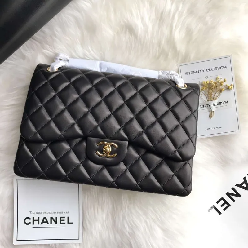Chanel CF A01113 Jumbo Classic Flap Bag in Black Lambskin Gold