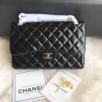 Chanel CF A01113 Jumbo Classic Flap Bag in Black Patent leather Silver