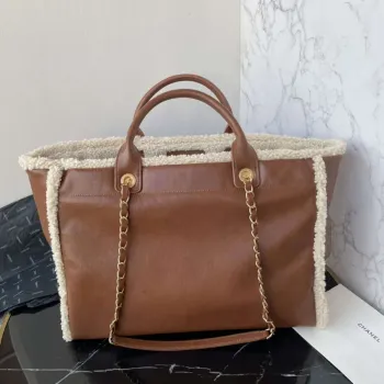 Chanel A66941 Large TOTE Shearling Lambskin & Gold Tone Metal Brown & Beige