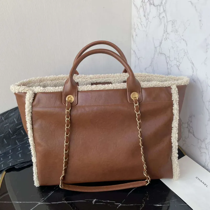 Chanel A66941 Large TOTE Shearling Lambskin & Gold Tone Metal Brown & Beige