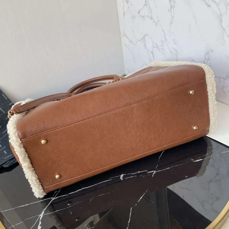 Chanel A66941 Large TOTE Shearling Lambskin & Gold Tone Metal Brown & Beige