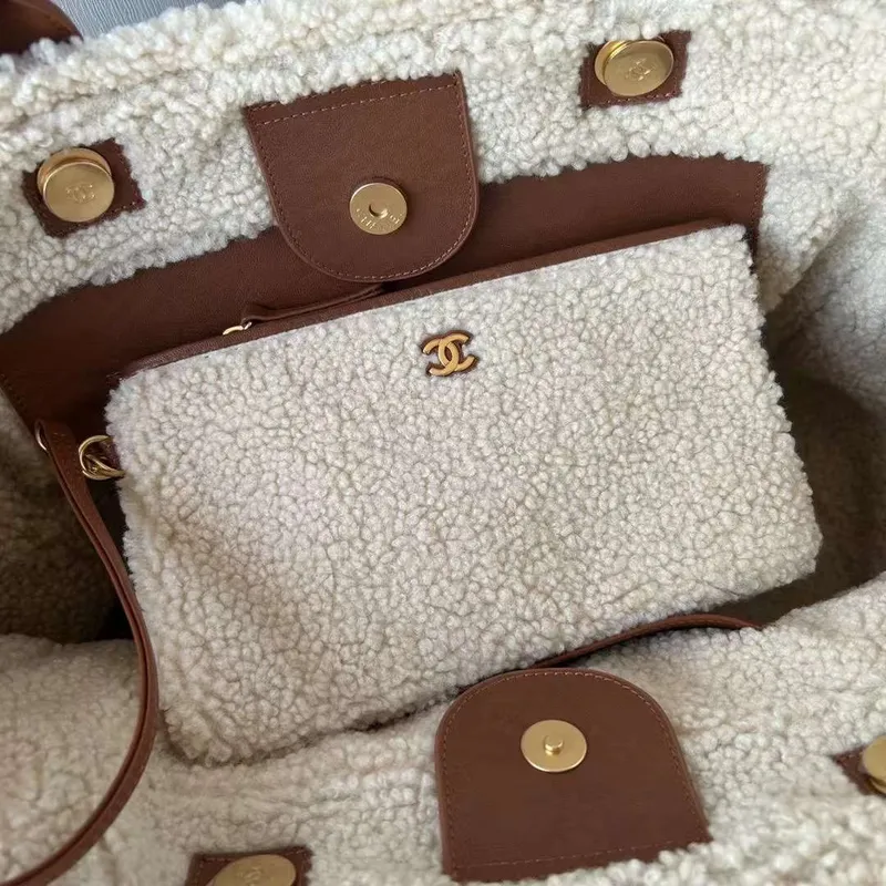 Chanel A66941 Large TOTE Shearling Lambskin & Gold Tone Metal Brown & Beige