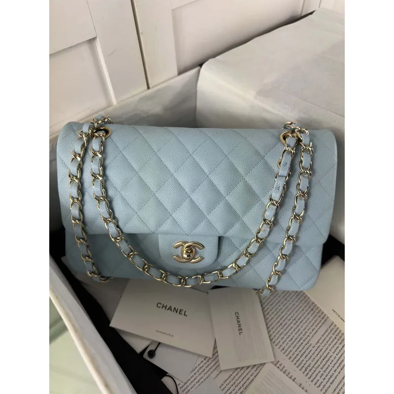 Chanel A01112 Flap Classic 11.12 Handbag Calfskin & Gold Tone Metal Lake Blue