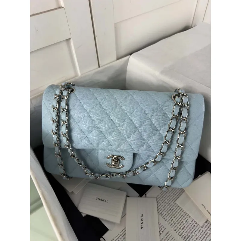 Chanel A01112 Flap Classic 11.12 Handbag Calfskin & Silver Tone Metal Lake Blue