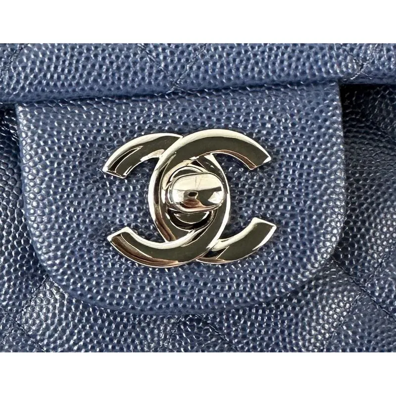 Chanel A01112 Flap Classic 11.12 Handbag Calfskin & Silver Tone Metal Dark Blue