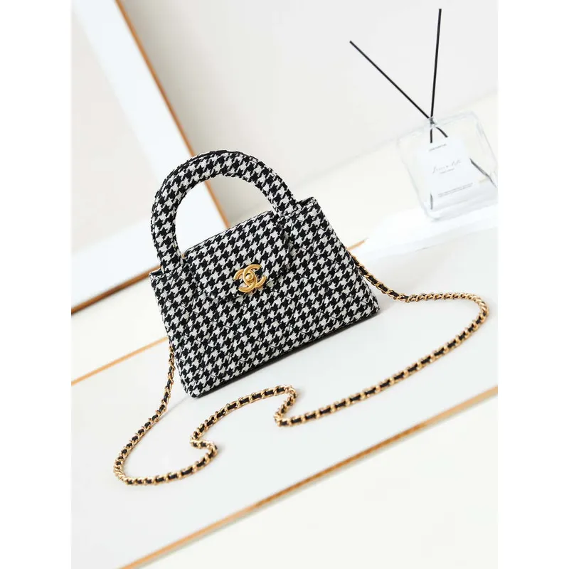 Chanel AS4416 Mini Shopping Bag Houndstooth fabric & Gold Metal White and Black