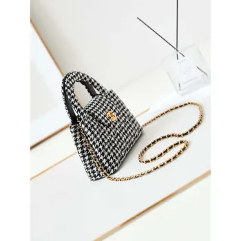 Chanel AS4416 Mini Shopping Bag Houndstooth fabric & Gold Metal White and Black