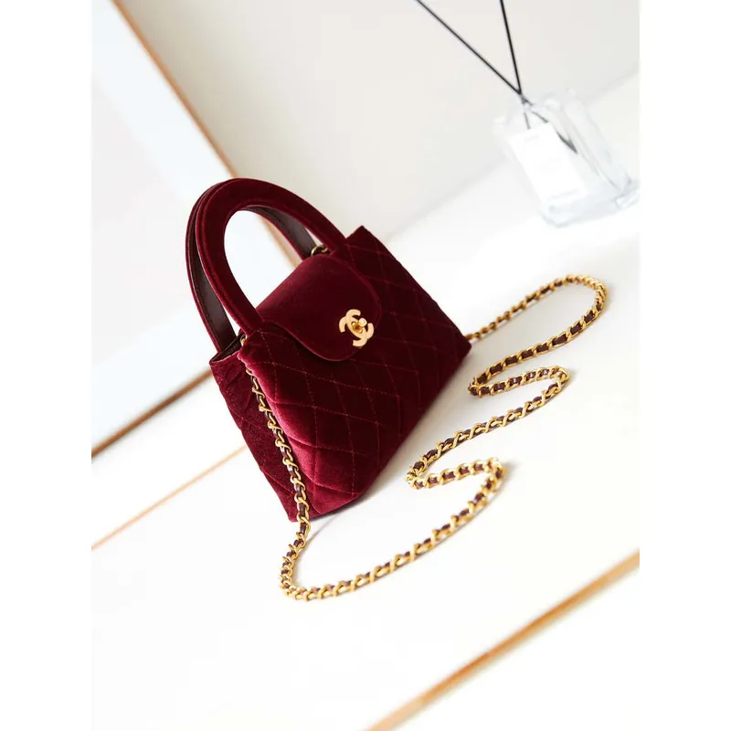Chanel AS4416 Mini Shopping Bag Velvet & Gold Metal Wine Red