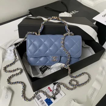 Chanel Phone Holder with Chain CC Lambskin & Gold Tone Metal AP3226 Blue
