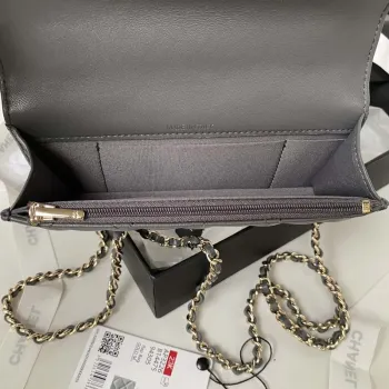 Chanel Phone Holder with Chain CC Lambskin & Gold Tone Metal AP3226 Gray