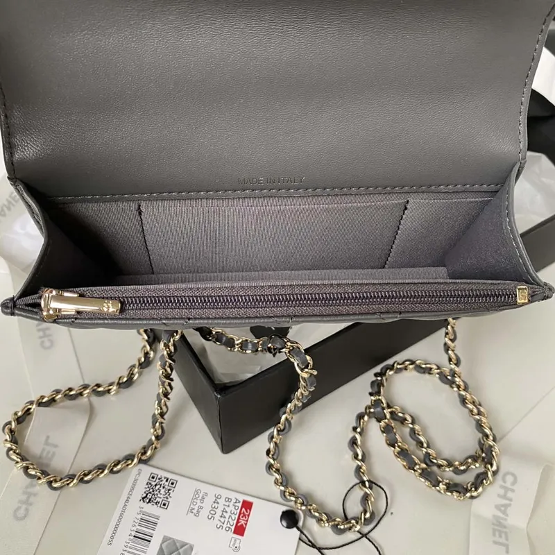 Chanel Phone Holder with Chain CC Lambskin & Gold Tone Metal AP3226 Gray
