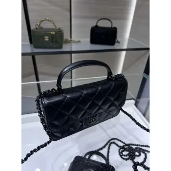 Chanel AP3226 Phone Holder with Chain Lambskin & Black Tone Metal Black