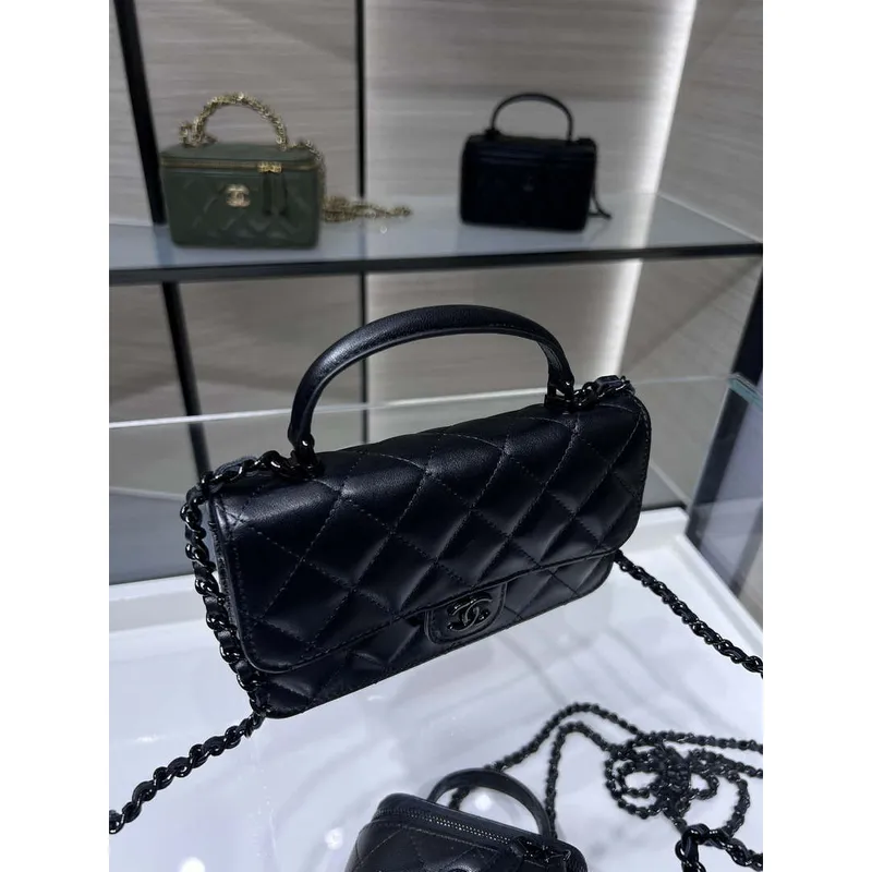 Chanel AP3226 Phone Holder with Chain Lambskin & Black Tone Metal Black