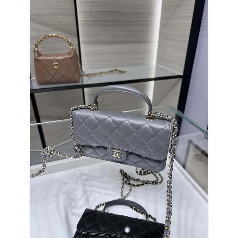 Chanel AP3226 Phone Holder with Chain Lambskin & Gold Tone Metal Gray