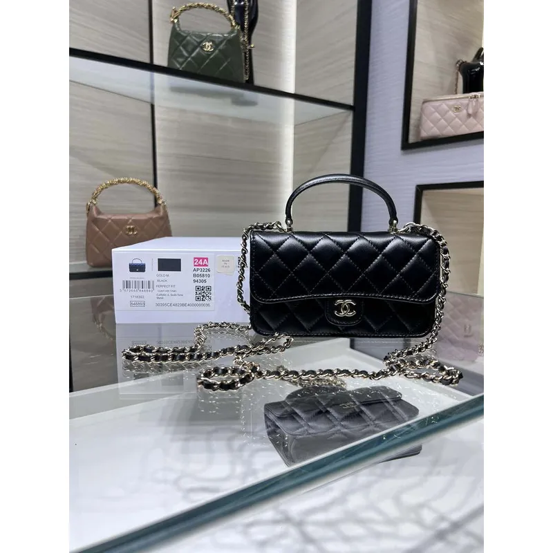 Chanel AP3226 Phone Holder with Chain Lambskin & Gold Tone Metal Black