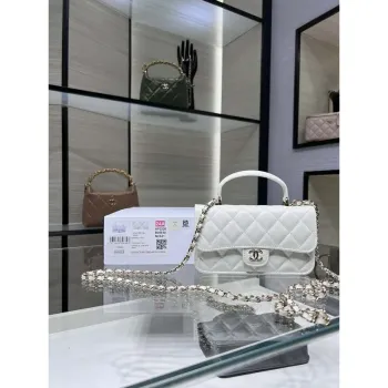 Chanel AP3226 Phone Holder with Chain Lambskin & Gold Tone Metal White