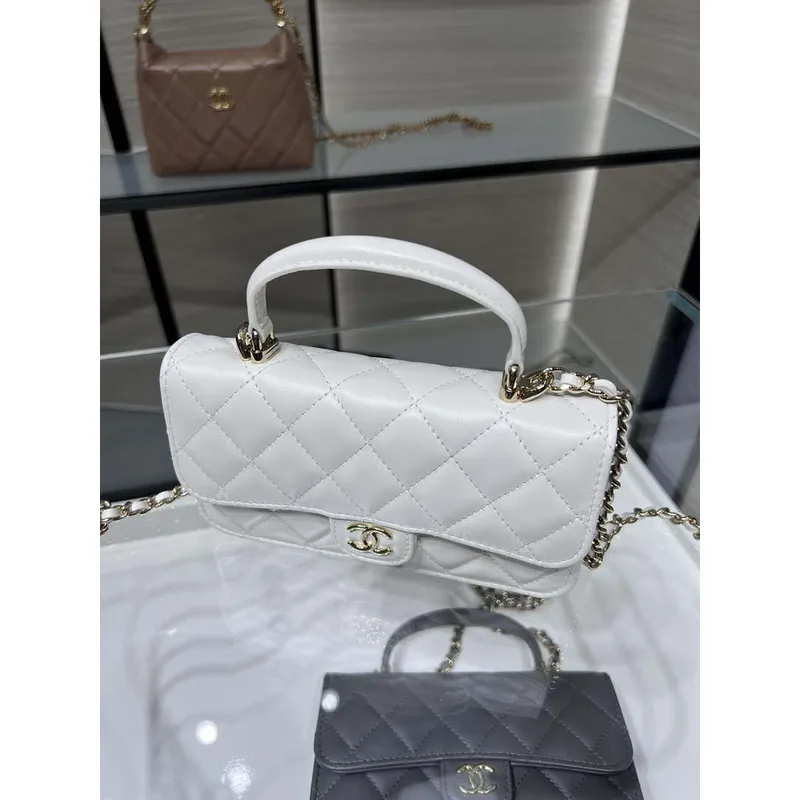 Chanel AP3226 Phone Holder with Chain Lambskin & Gold Tone Metal White