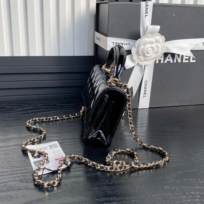 Chanel AP3226 Phone Holder with Chain Patent Calfskin & Gold Tone Metal Black