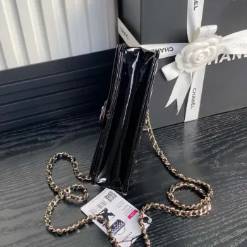 Chanel AP3226 Phone Holder with Chain Patent Calfskin & Gold Tone Metal Black