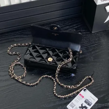 Chanel AP3226 Phone Holder with Chain Patent Calfskin & Gold Tone Metal Black
