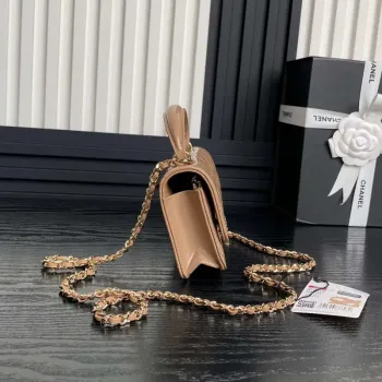 Chanel AP3226 Phone Holder with Chain Patent Calfskin & Gold Tone Metal Apricot