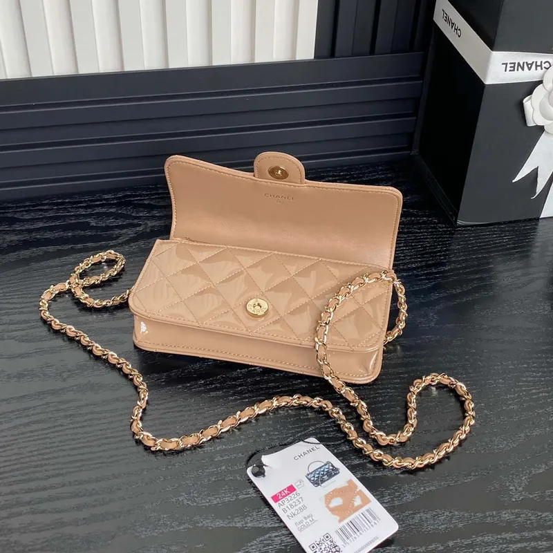 Chanel AP3226 Phone Holder with Chain Patent Calfskin & Gold Tone Metal Apricot