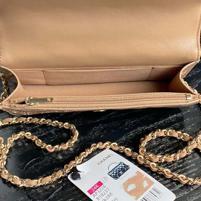 Chanel AP3226 Phone Holder with Chain Patent Calfskin & Gold Tone Metal Apricot