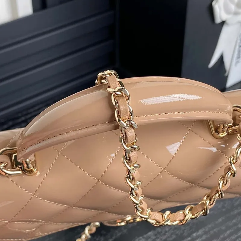 Chanel AP3226 Phone Holder with Chain Patent Calfskin & Gold Tone Metal Apricot