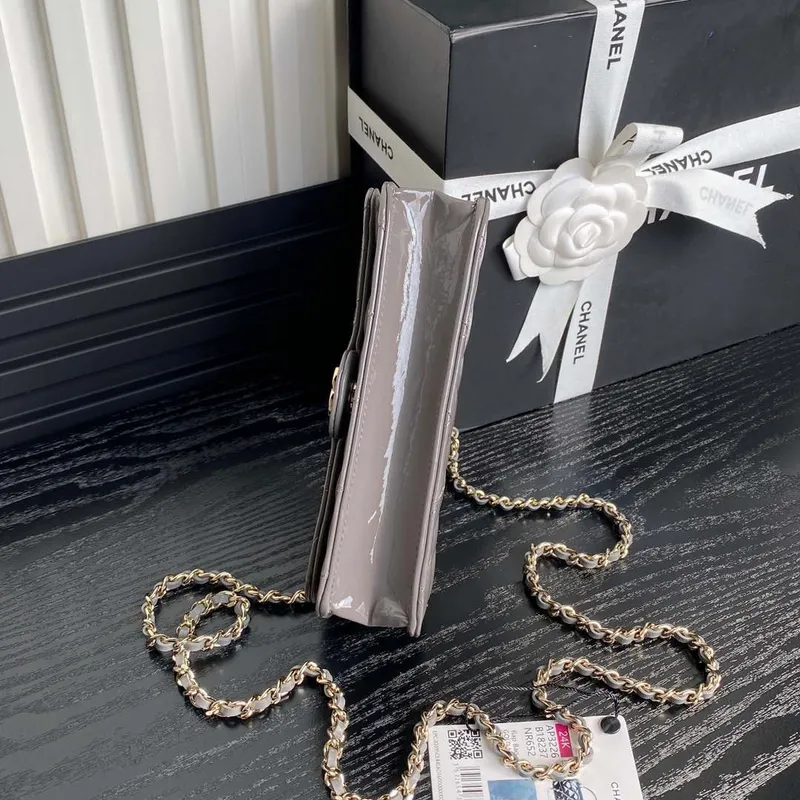 Chanel AP3226 Phone Holder with Chain Patent Calfskin & Gold Tone Metal Gray