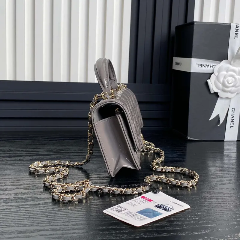 Chanel AP3226 Phone Holder with Chain Patent Calfskin & Gold Tone Metal Gray