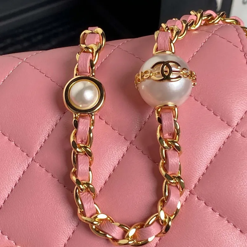 Chanel AP4282 19 Wallet On Chain Shiny Lambskin  Imitation Pearls & Gold Tone Metal Pink