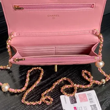 Chanel AP4282 19 Wallet On Chain Shiny Lambskin  Imitation Pearls & Gold Tone Metal Pink