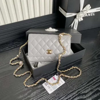 Chanel AP4282 19 Wallet On Chain Shiny Lambskin  Imitation Pearls & Gold Tone Metal Gray