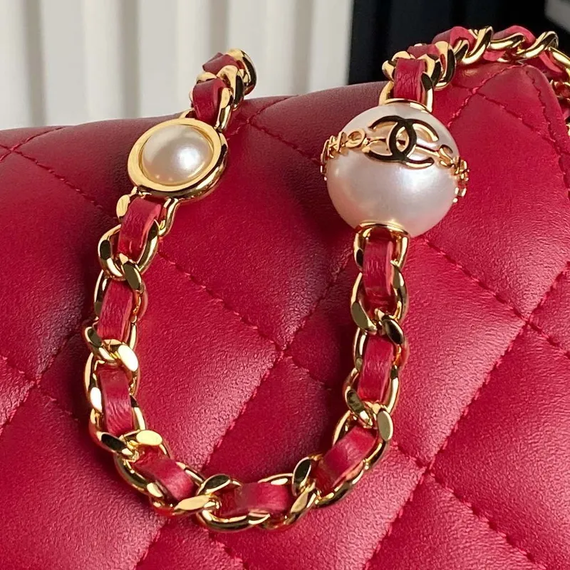 Chanel AP4282 19 Wallet On Chain Shiny Lambskin  Imitation Pearls & Gold Tone Metal Red