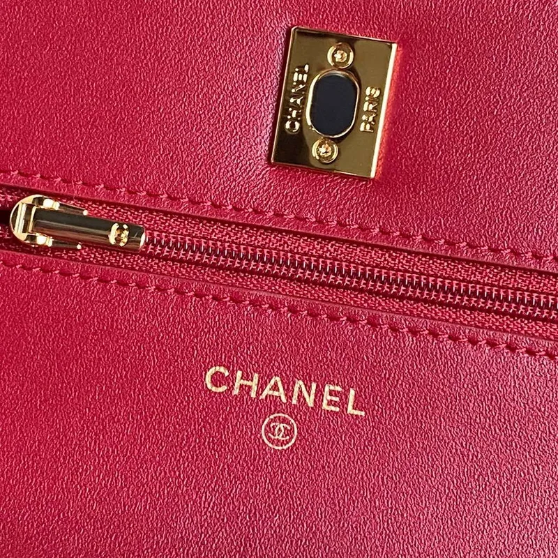 Chanel AP4282 19 Wallet On Chain Shiny Lambskin  Imitation Pearls & Gold Tone Metal Red