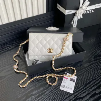 Chanel AP4282 19 Wallet On Chain Shiny Lambskin  Imitation Pearls & Gold Tone Metal White