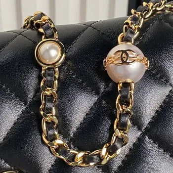 Chanel AP4282 19 Wallet On Chain Shiny Lambskin  Imitation Pearls & Gold Tone Metal Black