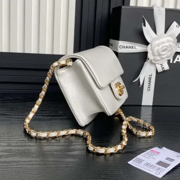 Chanel AS5218 Mini Flap Bag Grained Shiny Calfskin & Gold Tone Metal White