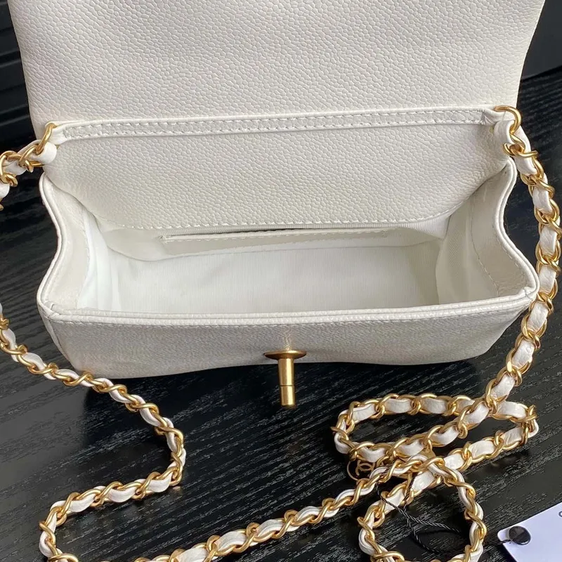 Chanel AS5218 Mini Flap Bag Grained Shiny Calfskin & Gold Tone Metal White