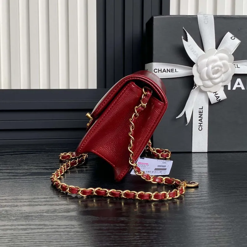 Chanel AS5218 Mini Flap Bag Grained Shiny Calfskin & Gold Tone Metal Red