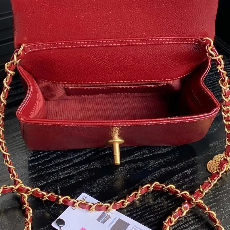 Chanel AS5218 Mini Flap Bag Grained Shiny Calfskin & Gold Tone Metal Red